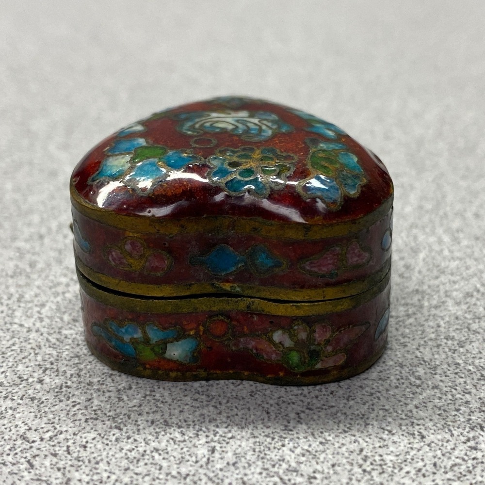 Vintage‎ Cloisonne Enamel Jewelry Trinket Box Floral Heart Shape Mini Keepsake